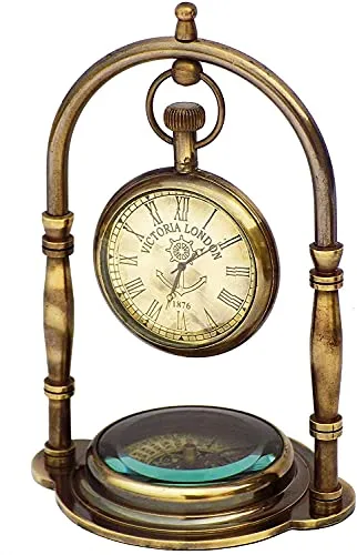 Antique Nautical Vintage Brass Stand Clock Antique Victoria London Table Clock with Maritime Vintage Brass Compass