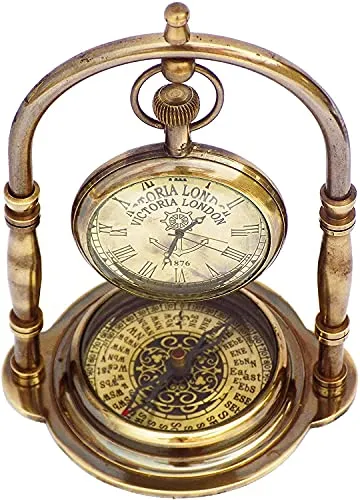 Antique Nautical Vintage Brass Stand Clock Antique Victoria London Table Clock with Maritime Vintage Brass Compass