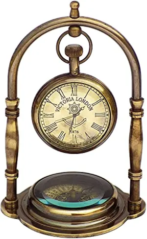 Antique Nautical Vintage Brass Stand Clock Antique Victoria London Table Clock with Maritime Vintage Brass Compass