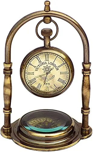 Antique Nautical Vintage Brass Stand Clock Antique Victoria London Table Clock with Maritime Vintage Brass Compass