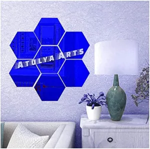 Atulya Arts 3D Acrylic Stickers Mirror Blue Hexagon Wall Sticker with 10 Butterfly Decorative Sticker - (Pack of 7) (10.5 cm x 12.1 cm) for Home Living Room Bedroom Office Decor