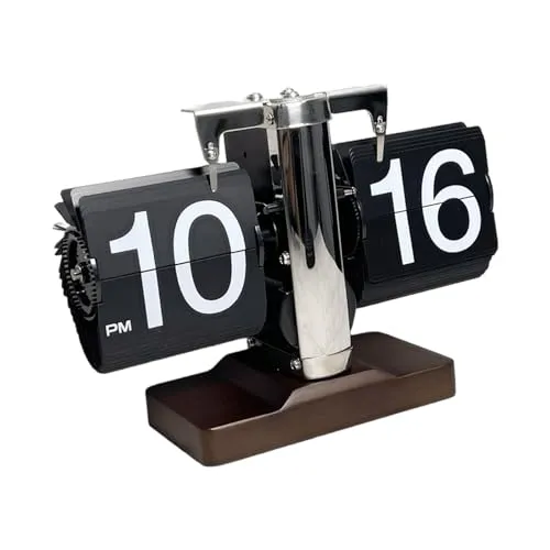 Bothyi Flip Down Clock Flip Digital Clock Stainless Steel Wooden Base Automatic Digital Clock Auto Pager Turning Clock for Desk Cafe, Black