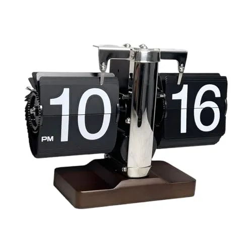 Bothyi Flip Down Clock Flip Digital Clock Stainless Steel Wooden Base Automatic Digital Clock Auto Pager Turning Clock for Desk Cafe, Black