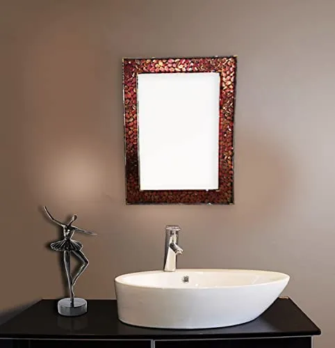 Cheval Glass Beveled Beautiful Pearl Engraved Designer Multi Glass Rectangular Wall Mirror with Elegant Frame - (24 X 24 Inches, Brown)