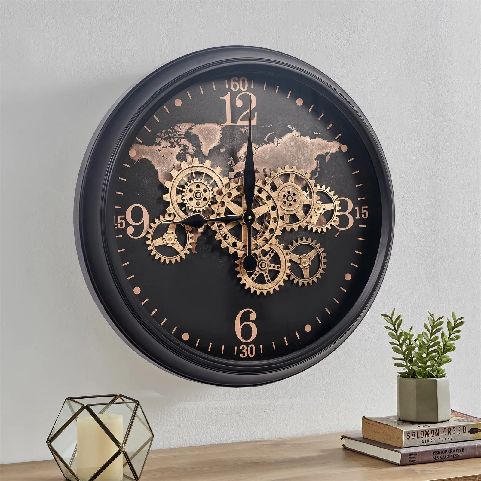 CLXEAST 24 Inch Moving Gear Wall Clock with World Map,Large Black Gold Metal Wall Clock for Modern Farmhouse Living Room Decor, Unique Wall Art Decor Clock,Reloj De Pared para Sala