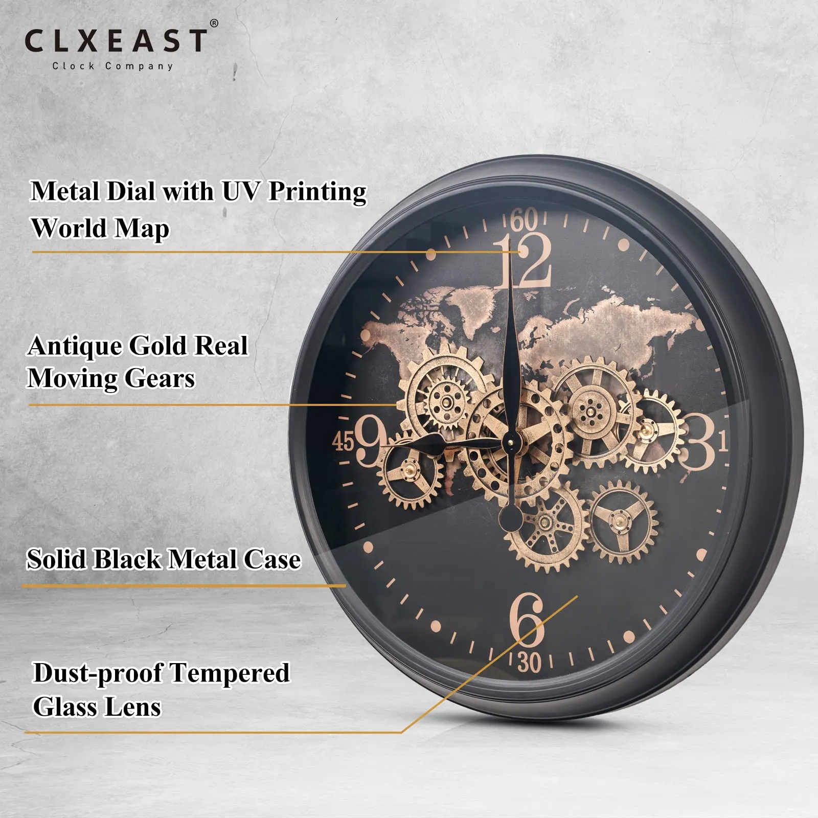 CLXEAST 24 Inch Moving Gear Wall Clock with World Map,Large Black Gold Metal Wall Clock for Modern Farmhouse Living Room Decor, Unique Wall Art Decor Clock,Reloj De Pared para Sala