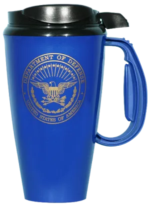 Department of Defense Crest on 16 oz. BPA Free Four Finger Comfort Handle with Thumb Side Lid