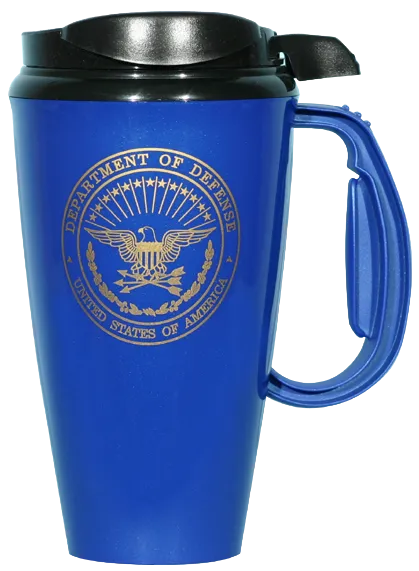 Department of Defense Crest on 16 oz. BPA Free Four Finger Comfort Handle with Thumb Side Lid