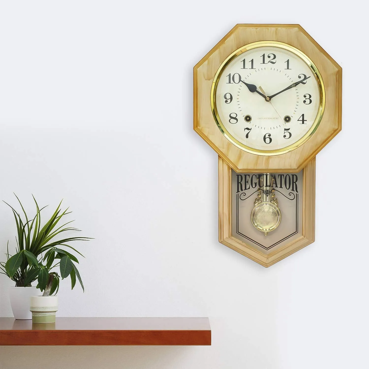 eCraftIndia Golden Plastic Vertical Analog Pendulum Wall Clock (10.5" x 17.5" Inch | Golden)