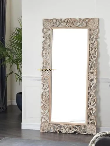 GLOBAL WOOD Wooden Hand Carved Decorative Wall Mirror Frame in Solid Mango Wood without Mirror (White Distress) (4x2.5 FT)