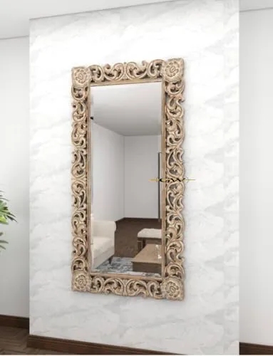 GLOBAL WOOD Wooden Hand Carved Decorative Wall Mirror Frame in Solid Mango Wood without Mirror (White Distress) (4x2.5 FT)