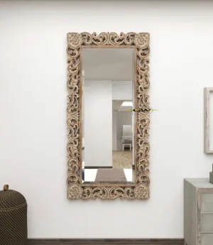 GLOBAL WOOD Wooden Hand Carved Decorative Wall Mirror Frame in Solid Mango Wood without Mirror (White Distress) (4x2.5 FT)