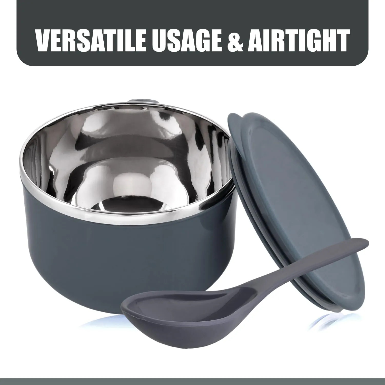 Heart Home Noodle & Soup Bowl Set | Steel Noodle Bowl with Spoon | Airtight Bowl for Pasta-Rice | Food Container | Office Bowl | Kitchen Bowl Set | 600 ML | Pack of 2 | Gray