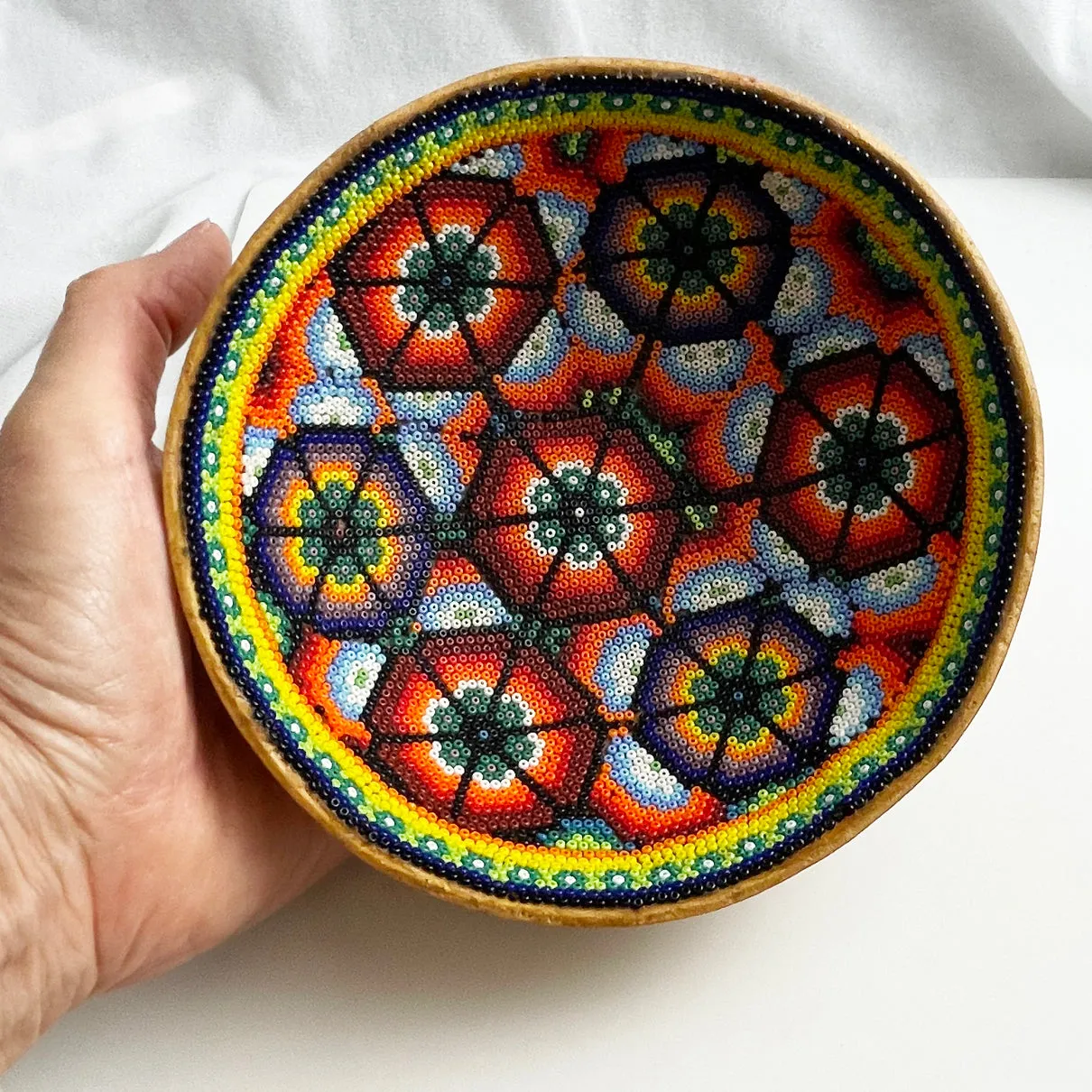 Huichol Mexico Vintage Beaded Gourd Bowl