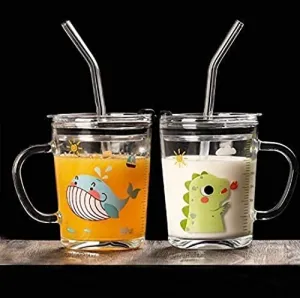 KiKiluxxa Cartoon Print Creative Milk Glass Sipper Cup/Mug with Handle and Spill Proof Lid and Straw Tumbler - Random Design (Transparent, 350ml)