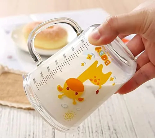 KiKiluxxa Cartoon Print Creative Milk Glass Sipper Cup/Mug with Handle and Spill Proof Lid and Straw Tumbler - Random Design (Transparent, 350ml)