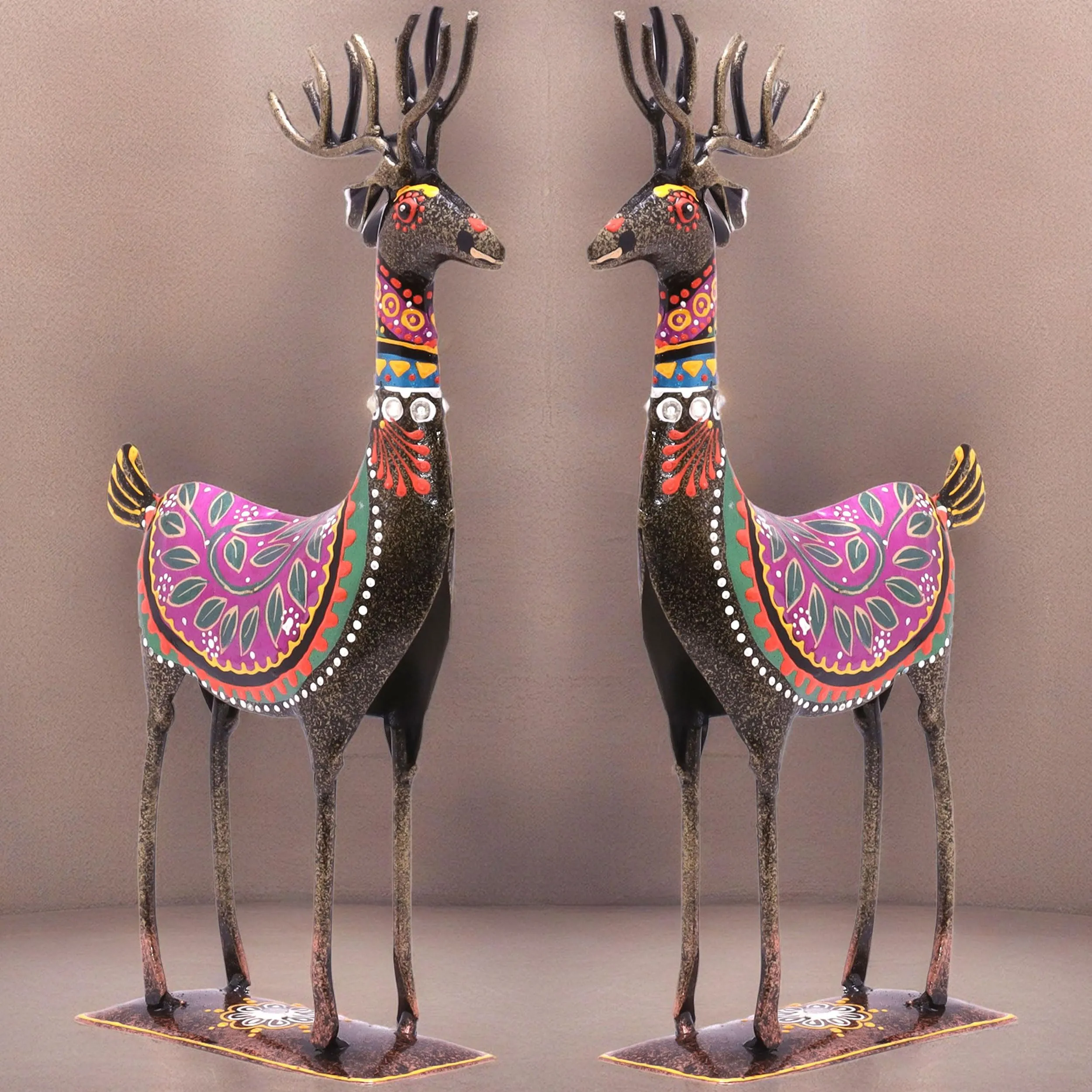 KRAFTSKALA Handpainted Iron Deer Showpiece Set of 2 Vibrantly Coloured Tabletop Liiving Room Office Home Decor Gift Item 10.5x4.5 inch (Deer Set)