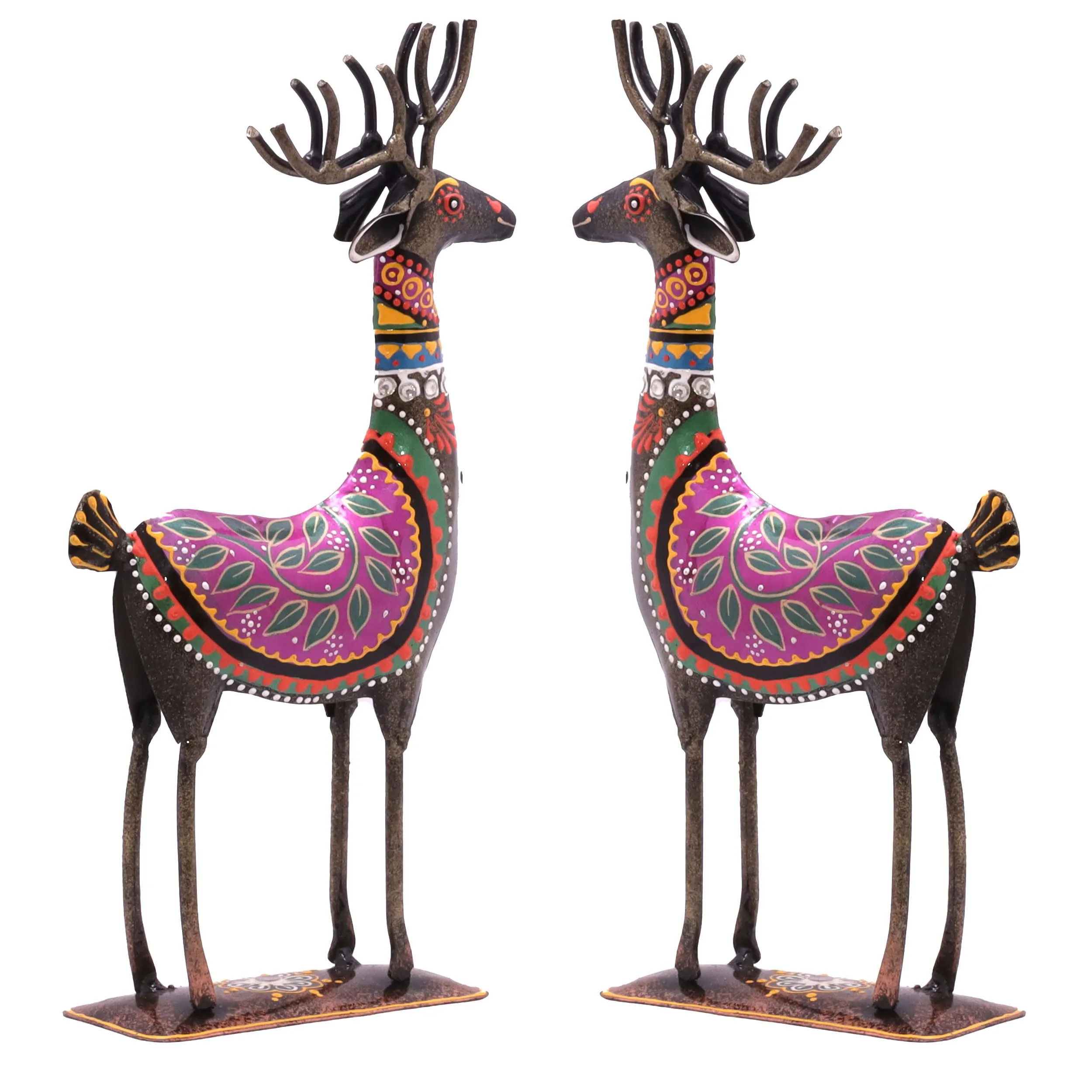 KRAFTSKALA Handpainted Iron Deer Showpiece Set of 2 Vibrantly Coloured Tabletop Liiving Room Office Home Decor Gift Item 10.5x4.5 inch (Deer Set)