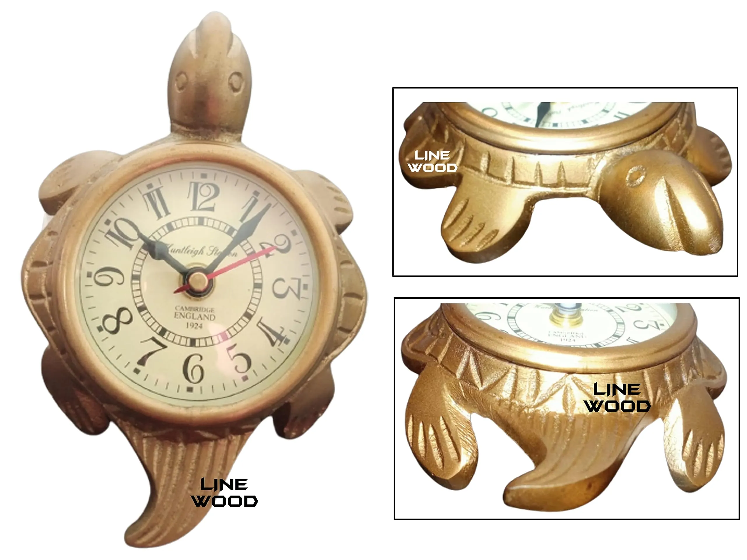 LINE WOOD™ - Personalized Handmade Beautiful Antique Style Brass Tortoise Shape Table Clock Desk Clock Watch Hanging Clock Home & Office, Bed Room, Study Room Decoration Gift 6"