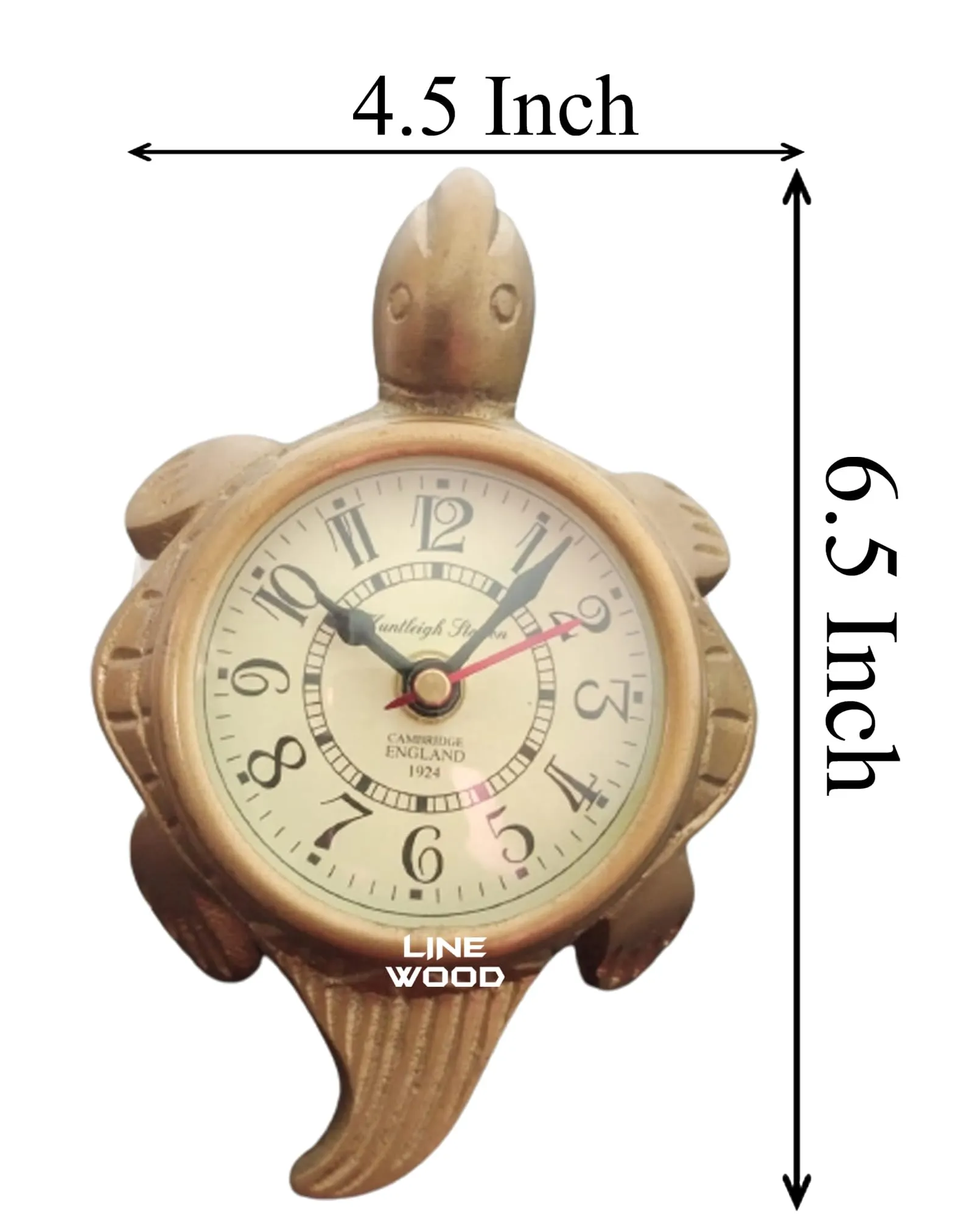 LINE WOOD™ - Personalized Handmade Beautiful Antique Style Brass Tortoise Shape Table Clock Desk Clock Watch Hanging Clock Home & Office, Bed Room, Study Room Decoration Gift 6"