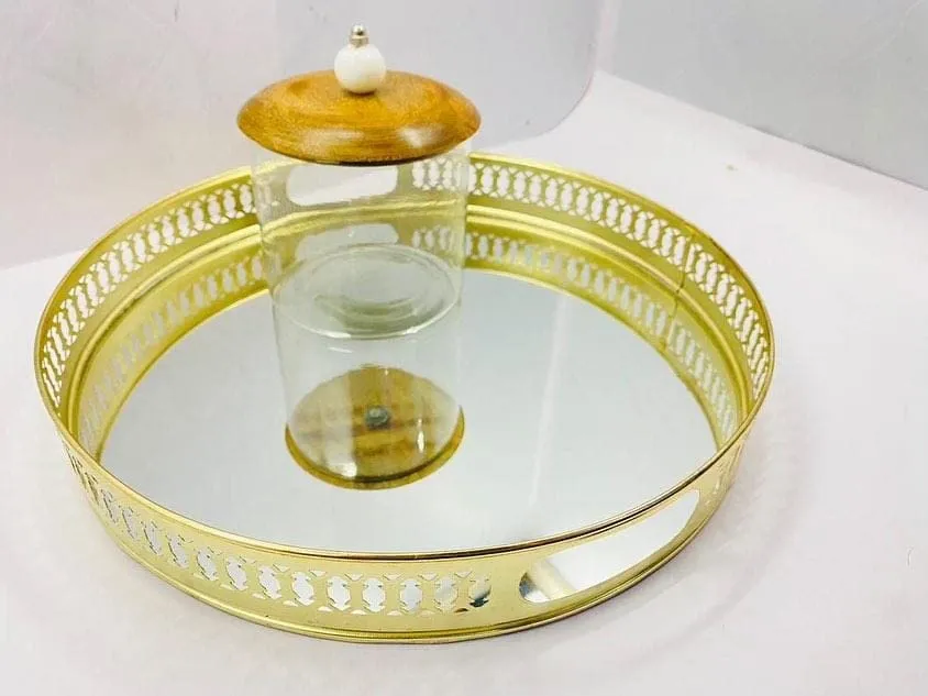 MALIK HANDICRAFT Metal Tray Round MIRROR Jewelry GEM Trinkr Box Vanity Dresser Perfume Display Slorage Decorative Gold Tray