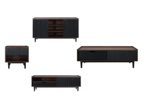 Manhattan Comfort Duane Modern Ribbed 4 Piece Living Room Set: Sideboard, TV Stand, Coffee Table, Nightstand in Dark Brown and Black