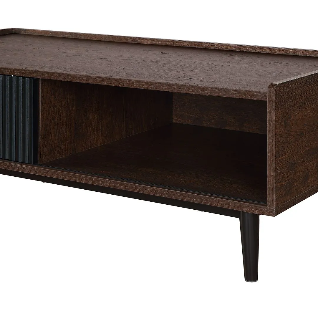 Manhattan Comfort Duane Modern Ribbed Coffee Table with Drawer and Shelf in Dark Brown and Black