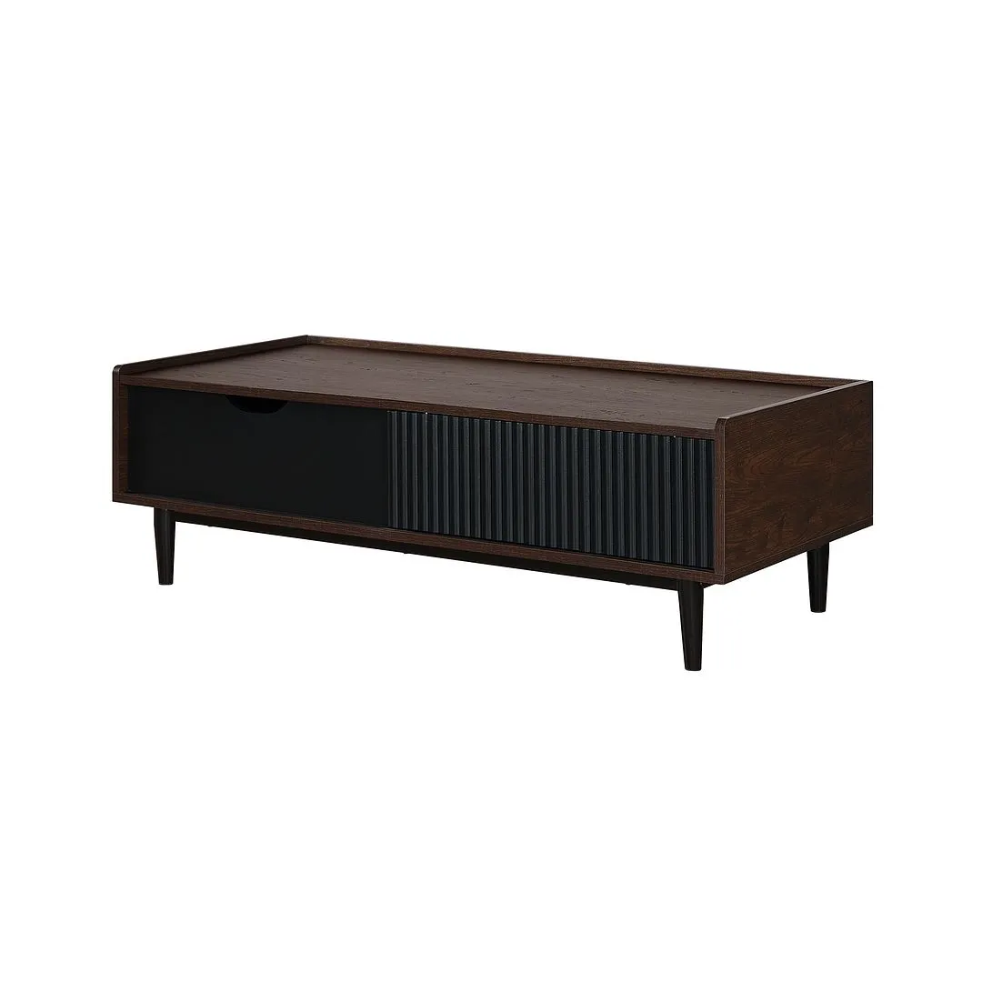 Manhattan Comfort Duane Modern Ribbed Coffee Table with Drawer and Shelf in Dark Brown and Black