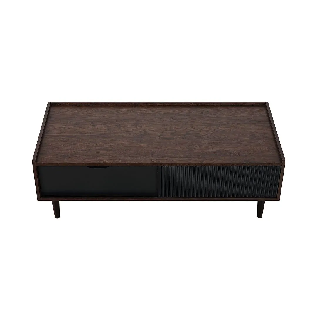 Manhattan Comfort Duane Modern Ribbed Coffee Table with Drawer and Shelf in Dark Brown and Black