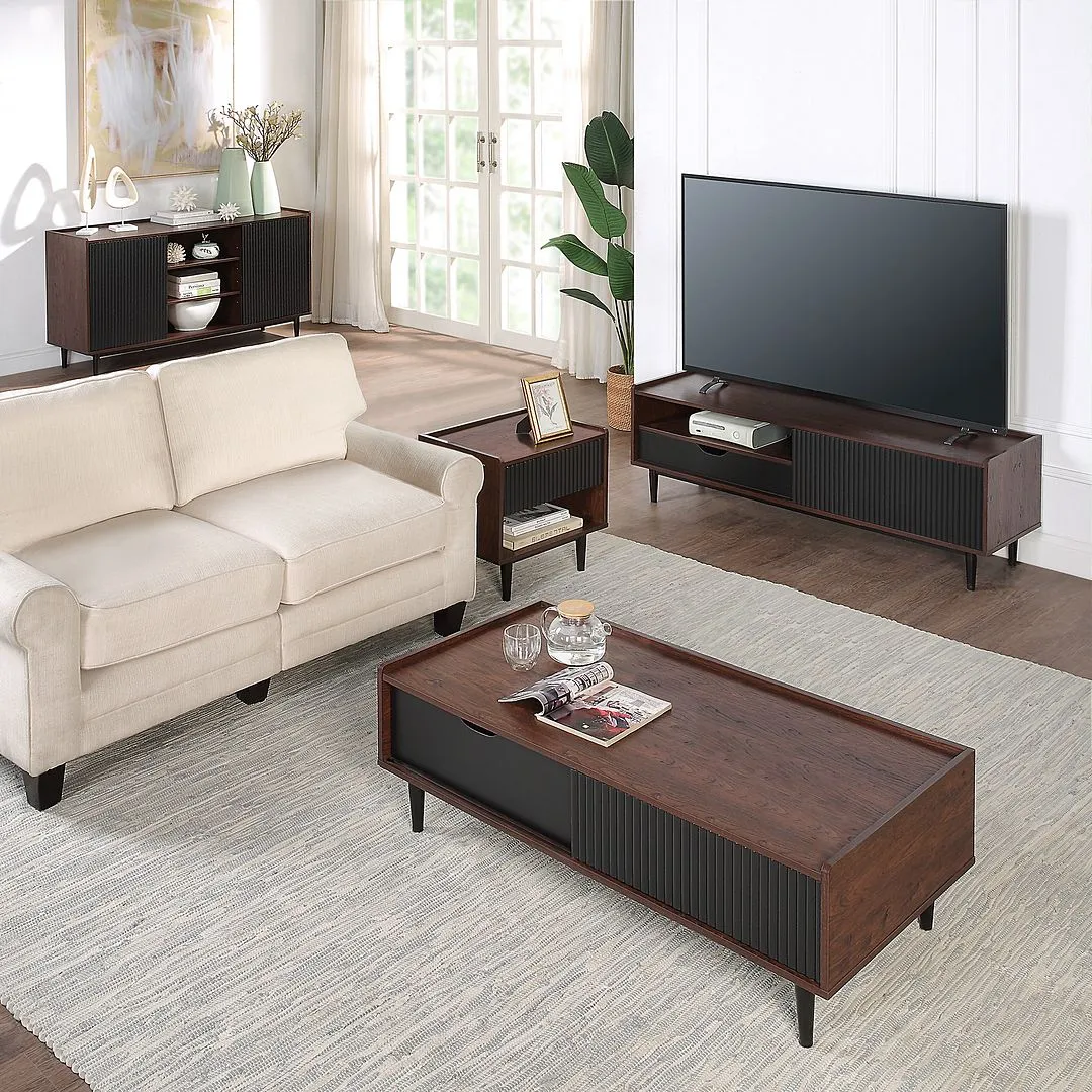 Manhattan Comfort Duane Modern Ribbed Coffee Table with Drawer and Shelf in Dark Brown and Black