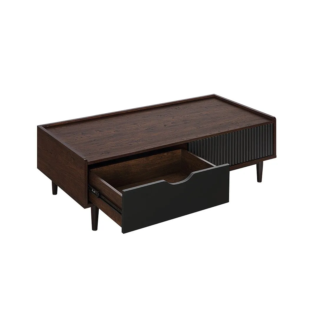 Manhattan Comfort Duane Modern Ribbed Coffee Table with Drawer and Shelf in Dark Brown and Black