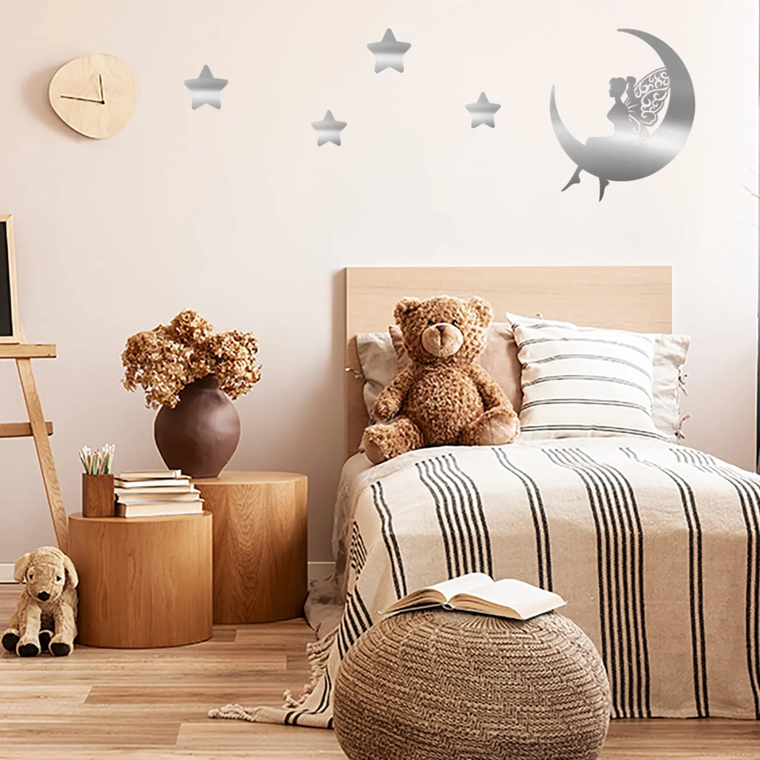 MeeTo Moon and Star Mirror Wall Stickers, Removable Acrylic Mirror, Silver Self Adhesive Mural Stickers Decal for Home, Room, Living Room, Bedroom, Dining Room Decoration, Pack of 5 Mirror