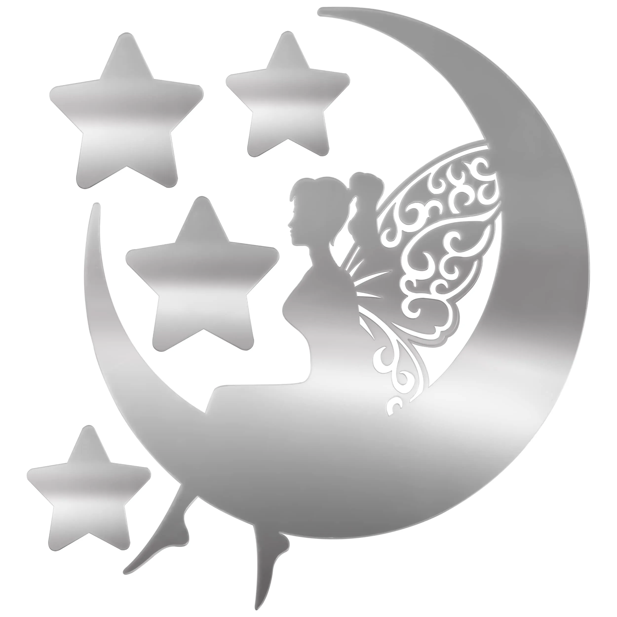 MeeTo Moon and Star Mirror Wall Stickers, Removable Acrylic Mirror, Silver Self Adhesive Mural Stickers Decal for Home, Room, Living Room, Bedroom, Dining Room Decoration, Pack of 5 Mirror