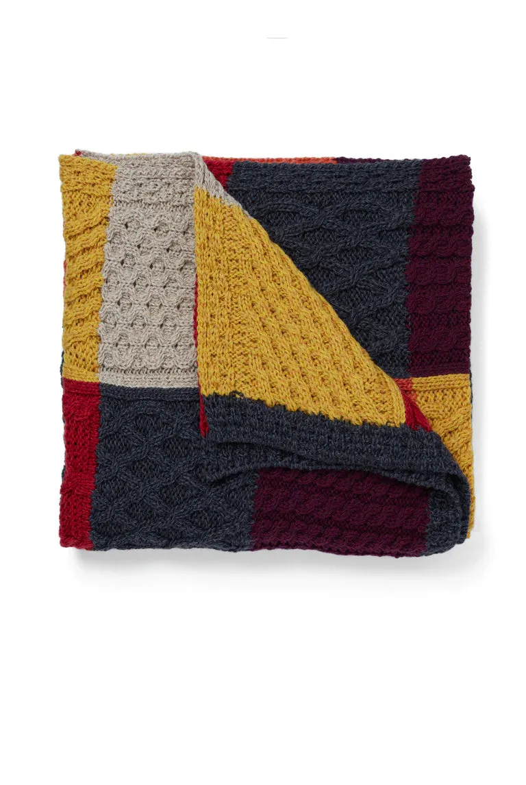 Merino Patchwork Throw - Killala Aran Intarsia - Red, Orange and Yellow