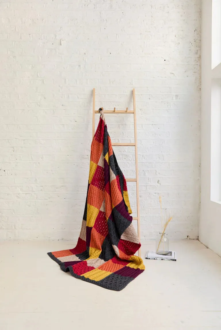 Merino Patchwork Throw - Killala Aran Intarsia - Red, Orange and Yellow