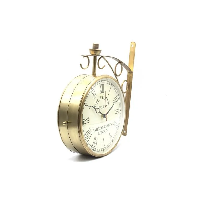 PREMIER MART Antique Golden Colour Powdercoted Victoria Station Clock Double Sided Clock Vintage Railway Clocks (8 Inch)