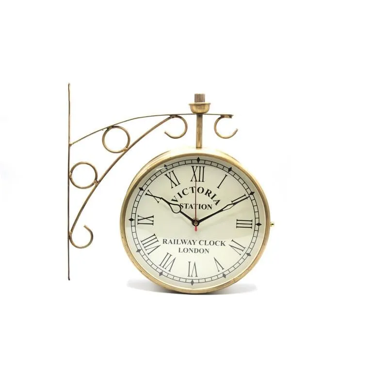 PREMIER MART Antique Golden Colour Powdercoted Victoria Station Clock Double Sided Clock Vintage Railway Clocks (8 Inch)