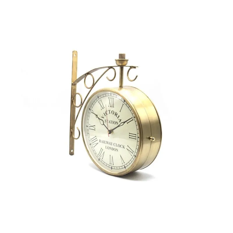 PREMIER MART Antique Golden Colour Powdercoted Victoria Station Clock Double Sided Clock Vintage Railway Clocks (8 Inch)