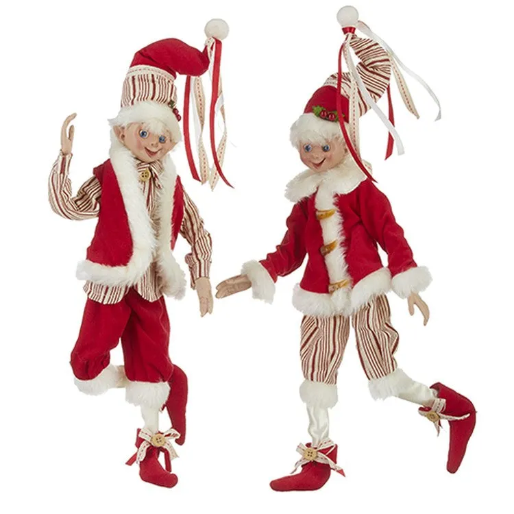 Raz Imports 2022 Countryside Christmas 16" Ticking Stripe Posable Elf, Asst Of 2