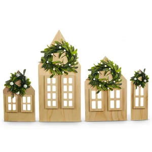 Raz Imports 2023 All Is Calm 14" Village With Mistletoe Wreaths, Set of 4