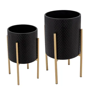 S/2 Textured Planter On Metalstand, Black/Gld