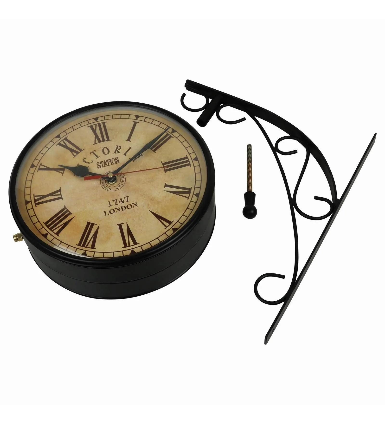 SAREE HOUSE 10 Inch Metal Analog Vintage Railway Station Antique Style Double Sided Wall Clock (Black)