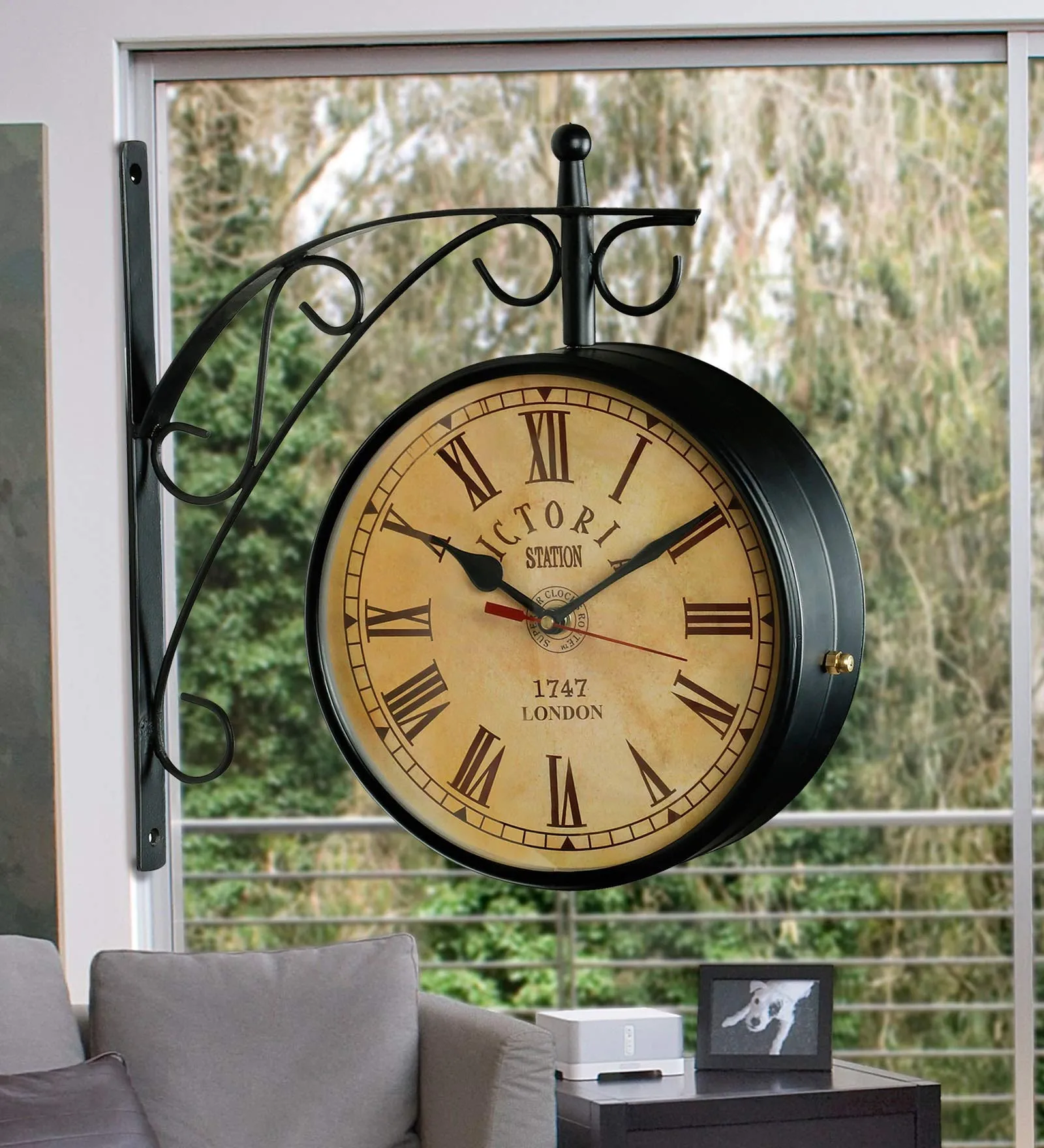 SAREE HOUSE 10 Inch Metal Analog Vintage Railway Station Antique Style Double Sided Wall Clock (Black)