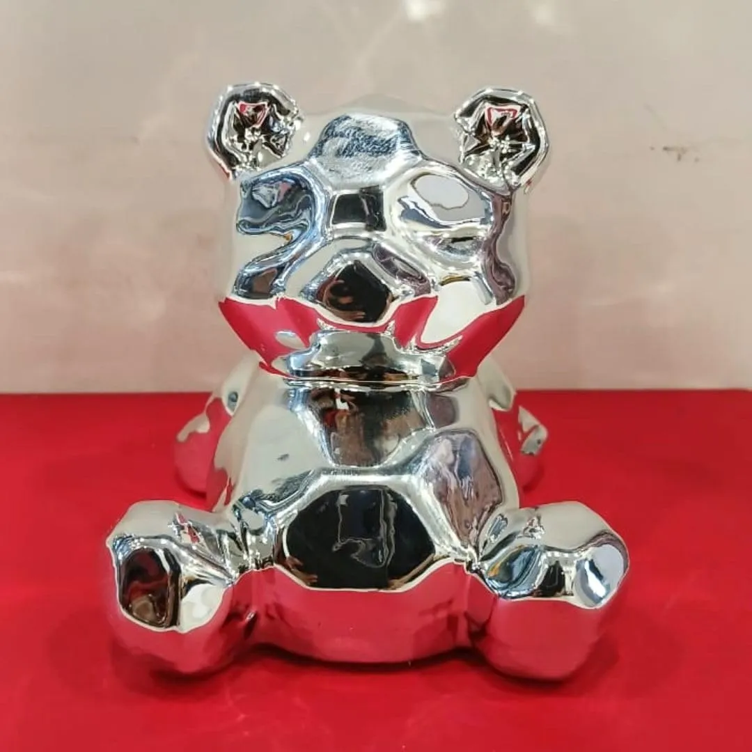 SATYAM KRAFT 1 Pcs Small Silver Teddy Bear Ceramic Showpiece for Home Decor, Statue, Living Room, Decorative Gift Item,Table Decor,Diwali decoartion,Centerpiece,New Year(Pack of 1)(Silver)