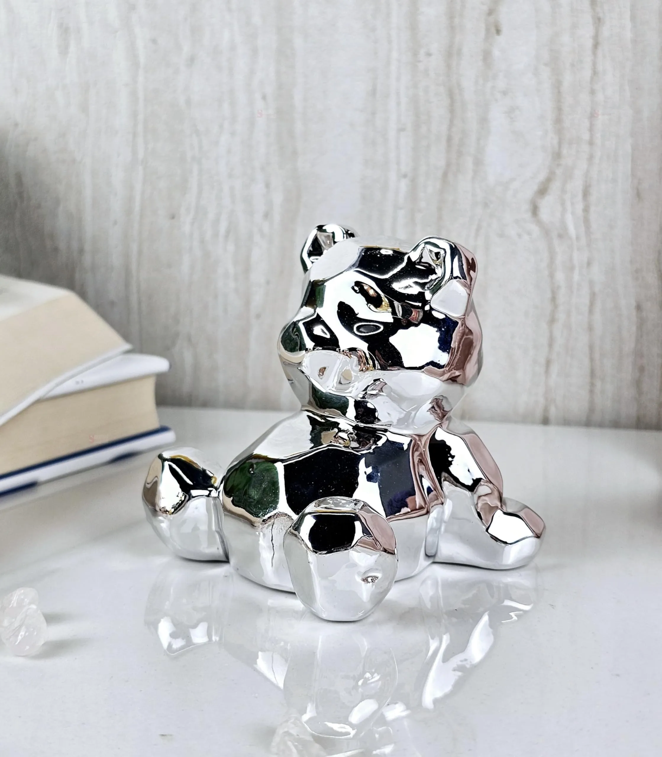 SATYAM KRAFT 1 Pcs Small Silver Teddy Bear Ceramic Showpiece for Home Decor, Statue, Living Room, Decorative Gift Item,Table Decor,Diwali decoartion,Centerpiece,New Year(Pack of 1)(Silver)