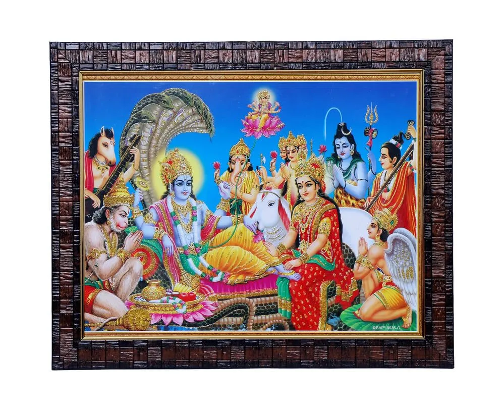 Subhash Pushtak Vishnu laxmi/Lakshmi ji on sheshnag Brahma ji Garuda narad Muni Wooden photo frame