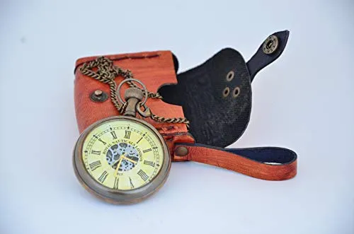 USEW Handmade Roman Dial Antique Vintage Style Brass Clock with Chain and A Brown Leather Case