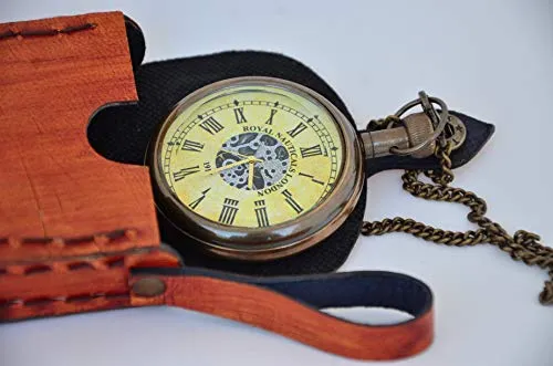 USEW Handmade Roman Dial Antique Vintage Style Brass Clock with Chain and A Brown Leather Case