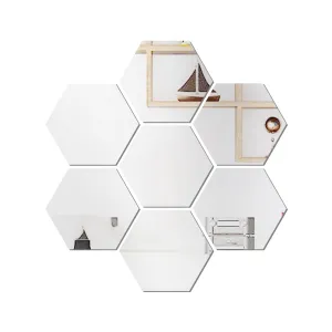 WallWear Mirror Sticker for Home Decoration | Mirror Finish Wall Stickers | Pack of 7 (Hexagon Silver) -Self Adhesive Acrylic Sticker, Mirror Stickers for Home & Festivals Decoration